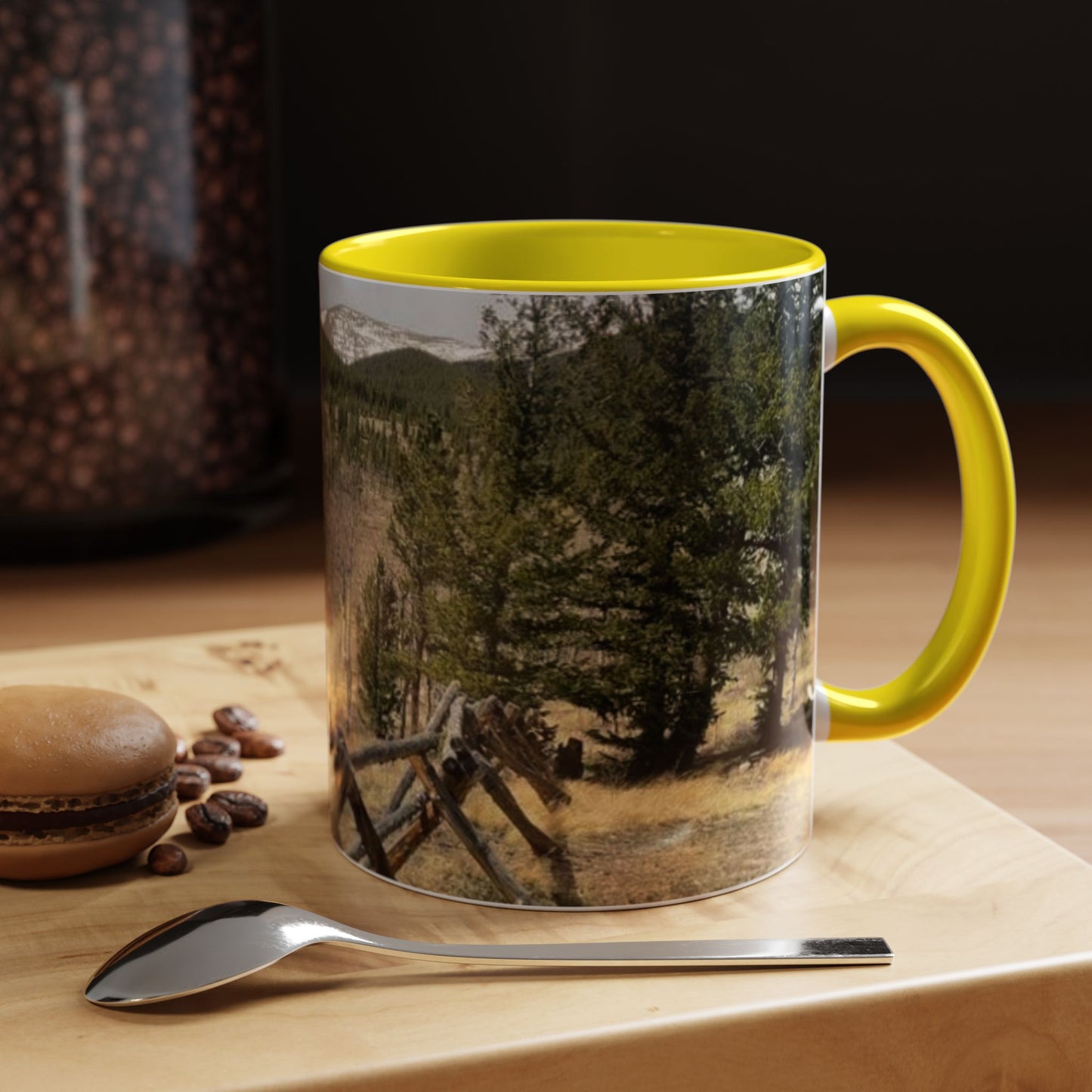 Empire Colorado Mountains Accent Coffee Mug — Scenic Pine Forest & Rustic Fence 11oz/15oz