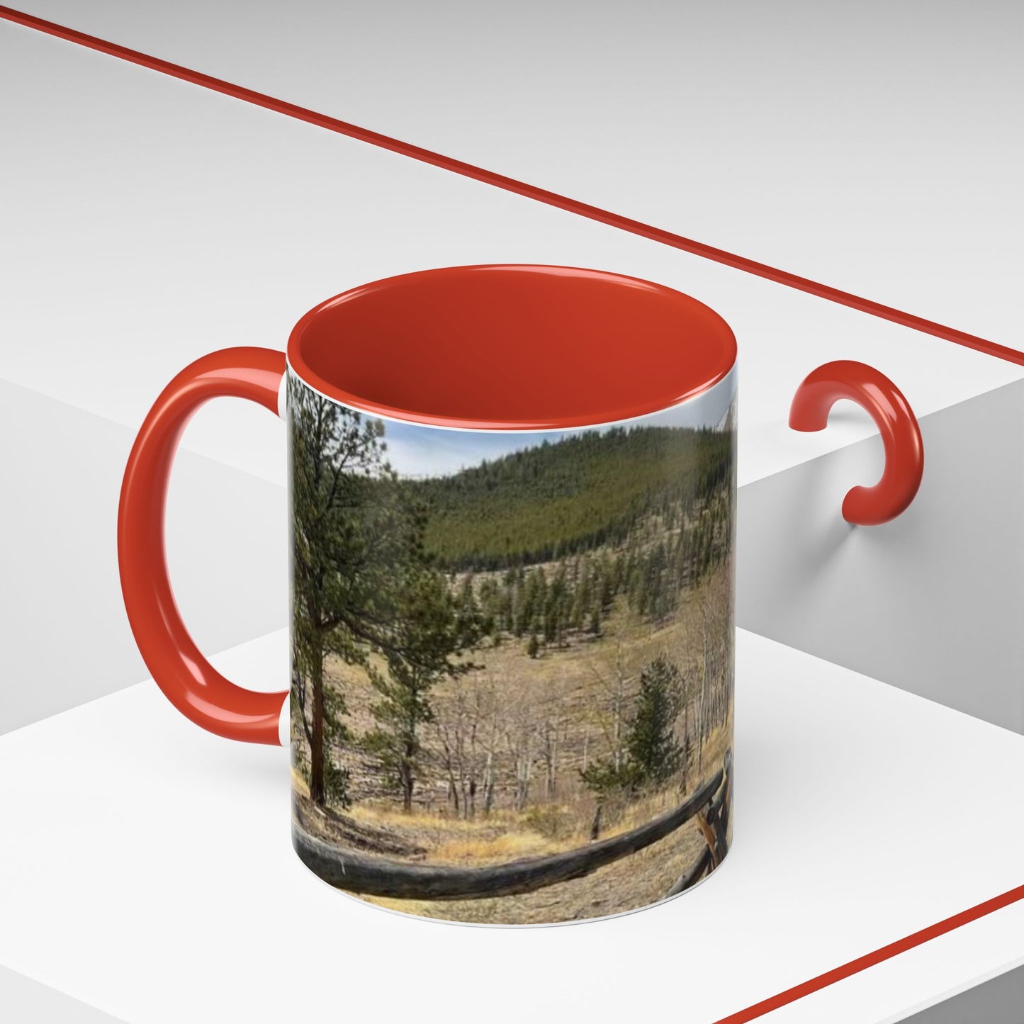 Empire Colorado Mountains Accent Coffee Mug — Scenic Pine Forest & Rustic Fence 11oz/15oz