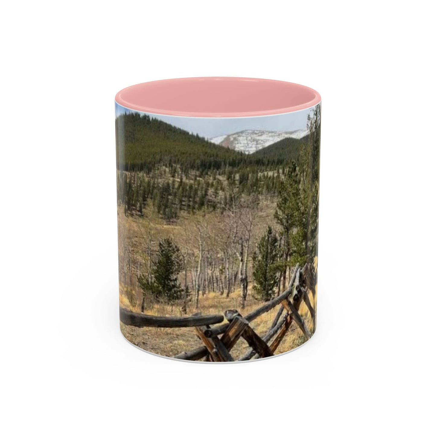 Empire Colorado Mountains Accent Coffee Mug — Scenic Pine Forest & Rustic Fence 11oz/15oz