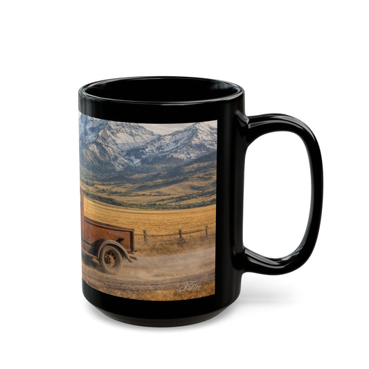 Vintage Pickup Truck Scenic Black Mug — Rustic Mountain Road Coffee Cup (15oz)