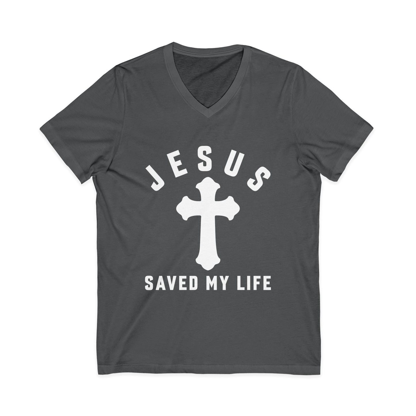 Christian V‑Neck Tee — "Jesus Saved My Life" Cross Faith T‑Shirt