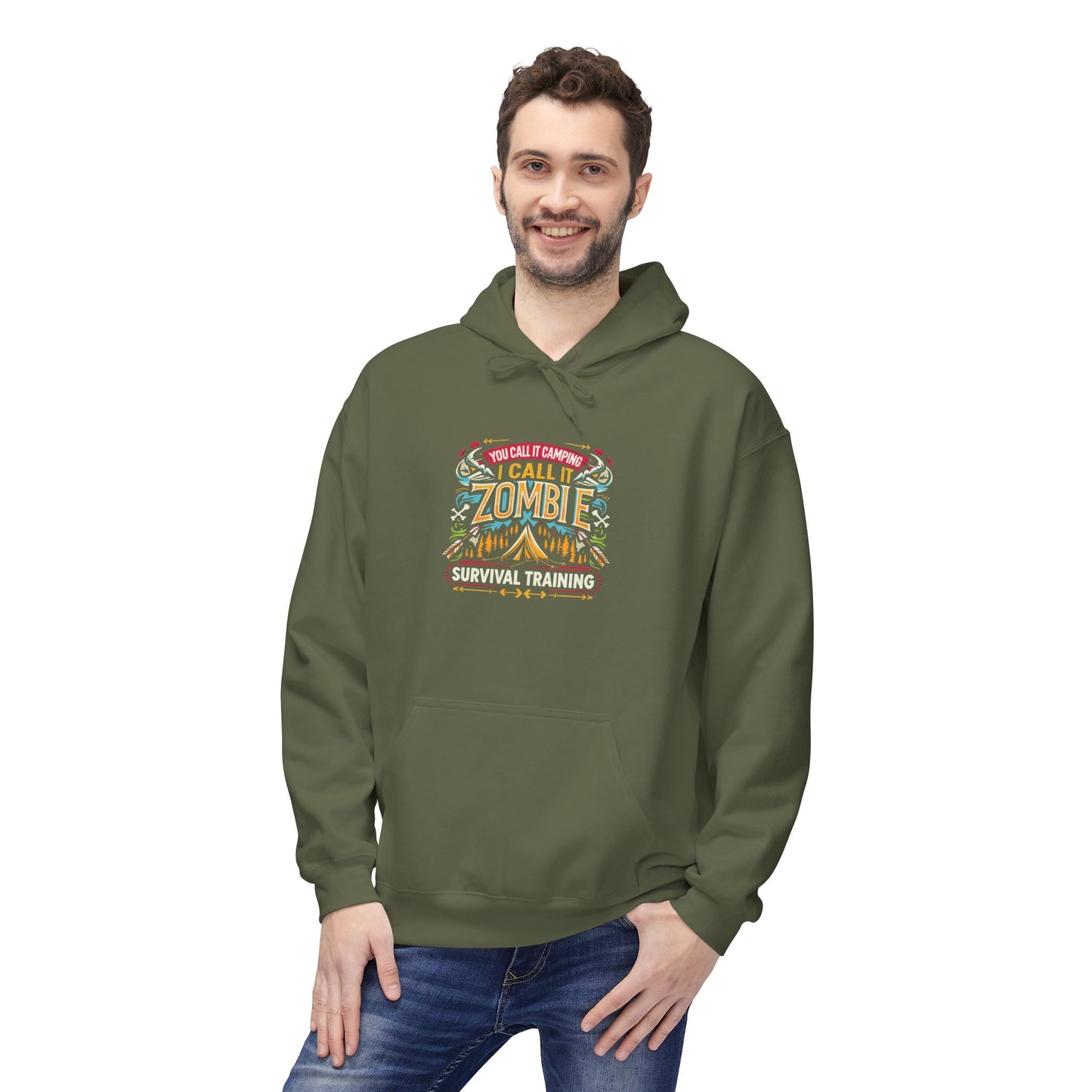 Zombie Survival Training Hoodie — Retro Tropical Camping Graphic