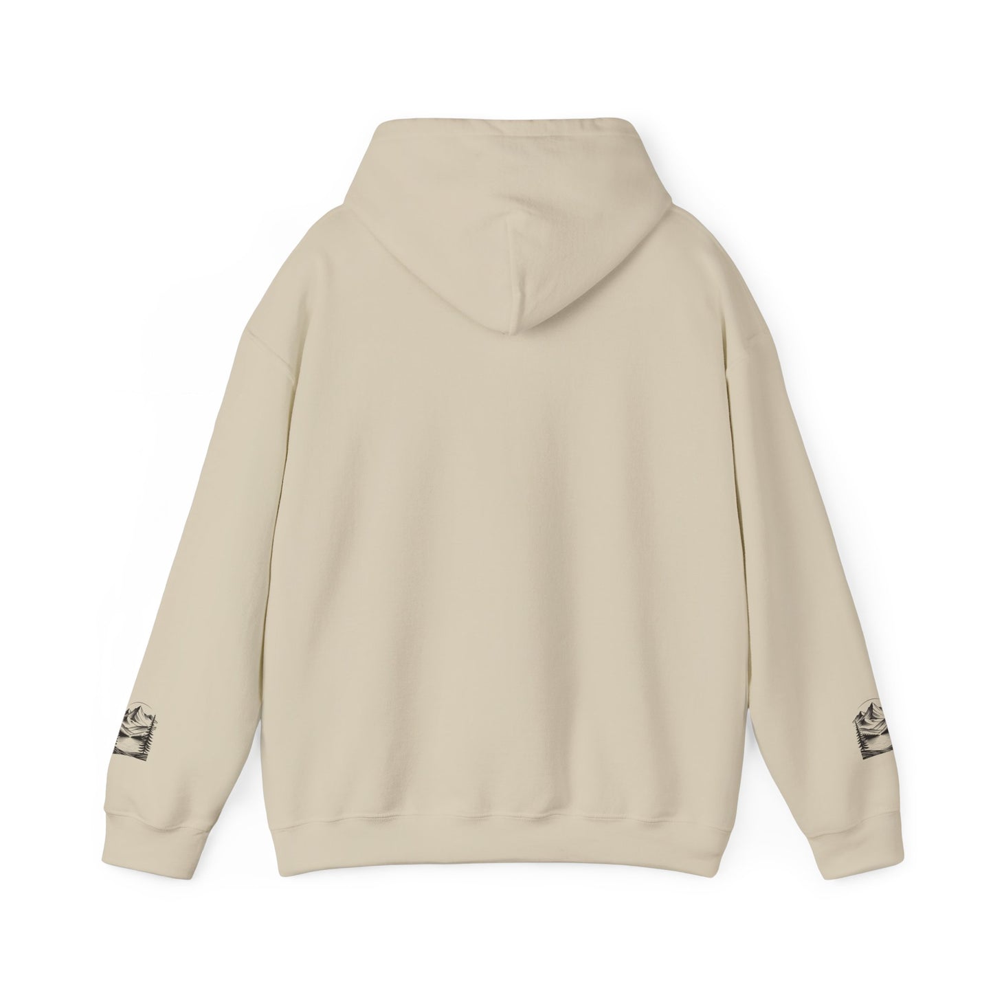 Minimalist 'Mountain Scene Sketch' Hoodie — Small Chest & Sleeve Sketch Print