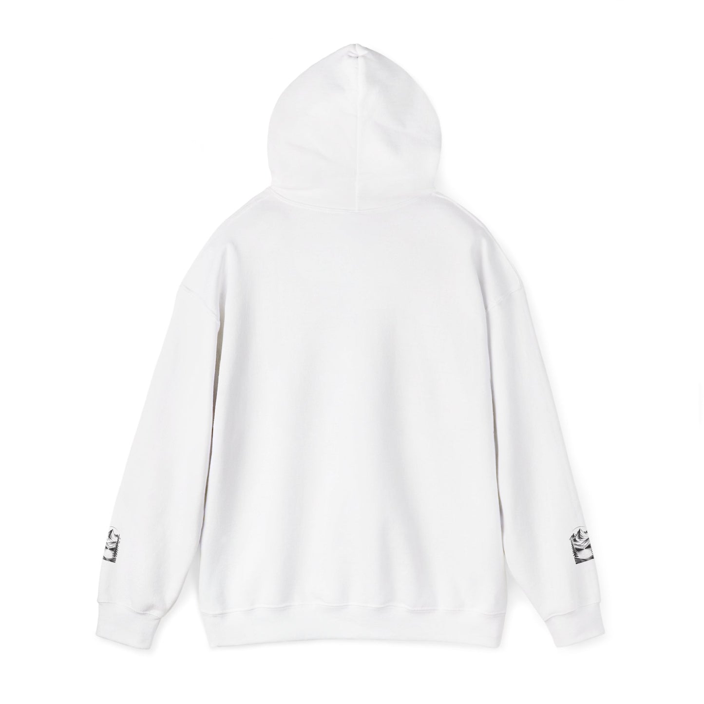 Minimalist 'Mountain Scene Sketch' Hoodie — Small Chest & Sleeve Sketch Print