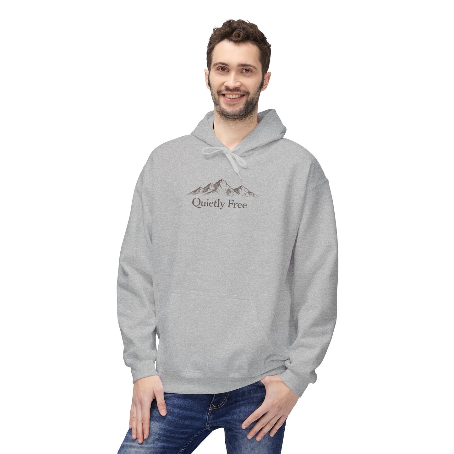 Quiet & Free Mountain Hoodie — Minimal Nature Graphic Pullover