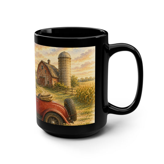 Water color style Vintage Red Convertible Farm Scene Mug — Rustic Country Coffee Cup, 15oz