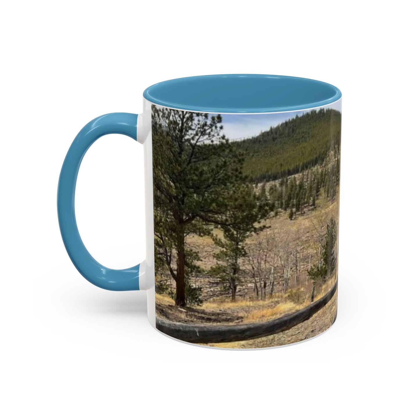 Empire Colorado Mountains Accent Coffee Mug — Scenic Pine Forest & Rustic Fence 11oz/15oz