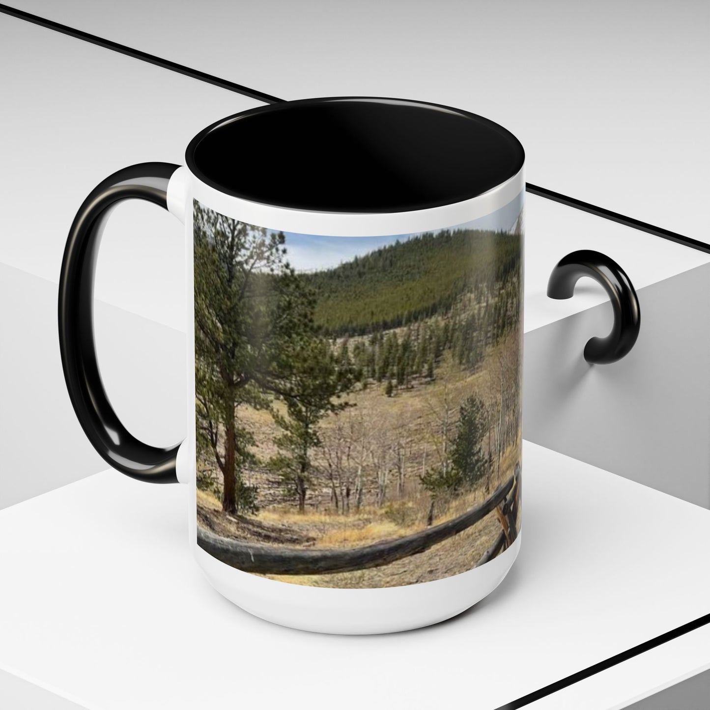 Empire Colorado Mountains Accent Coffee Mug — Scenic Pine Forest & Rustic Fence 11oz/15oz
