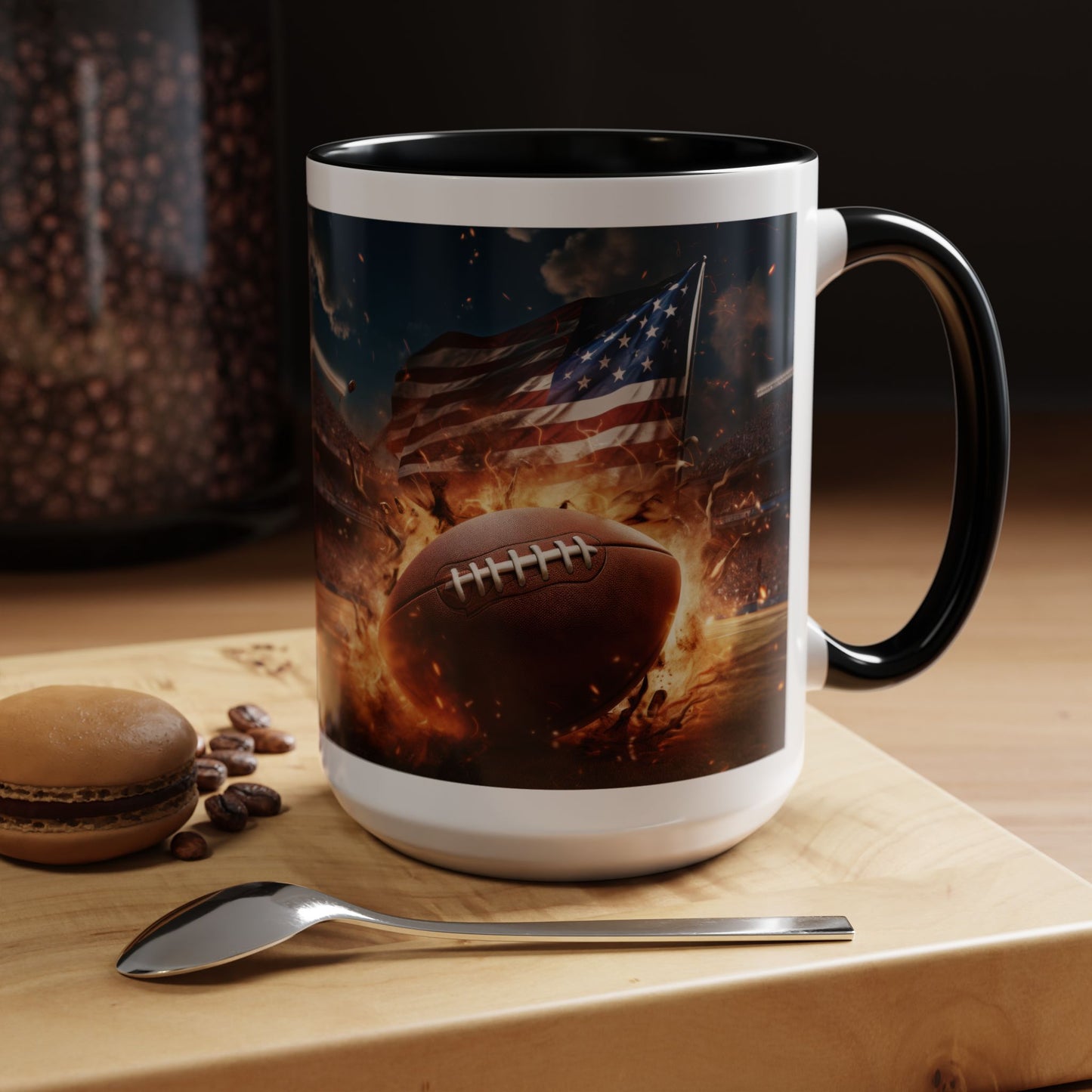 American Football Coffee Mug – Patriotic Flag & Fiery Football Accent Mug (15oz)