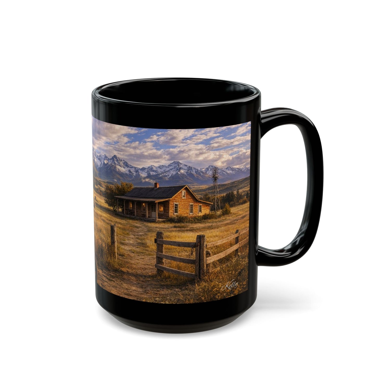 Rustic Mountain Farm Scene Coffee Mug — Vintage Tractor & Farm House Black Ceramic Mug (15oz)