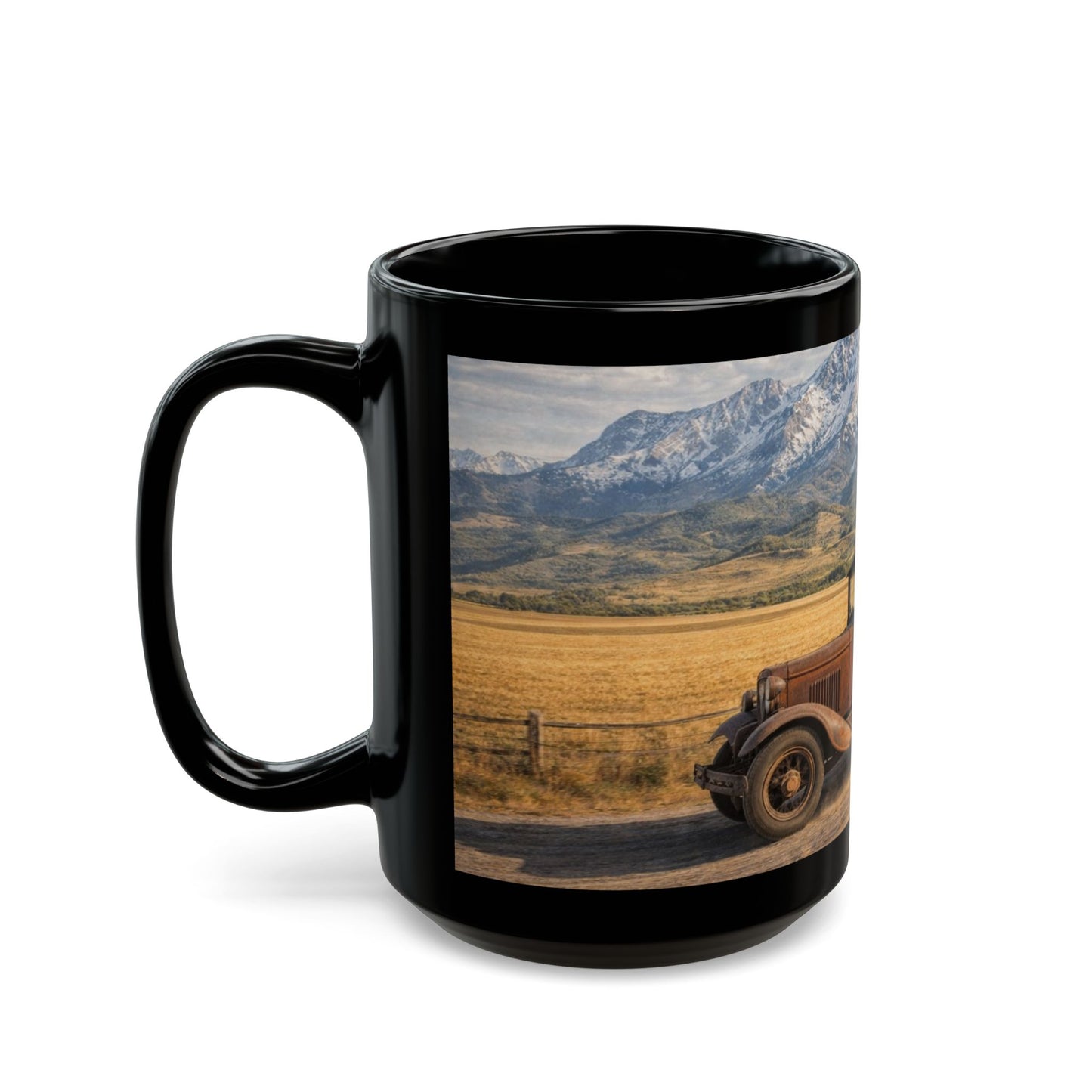 Vintage Pickup Truck Scenic Black Mug — Rustic Mountain Road Coffee Cup (15oz)