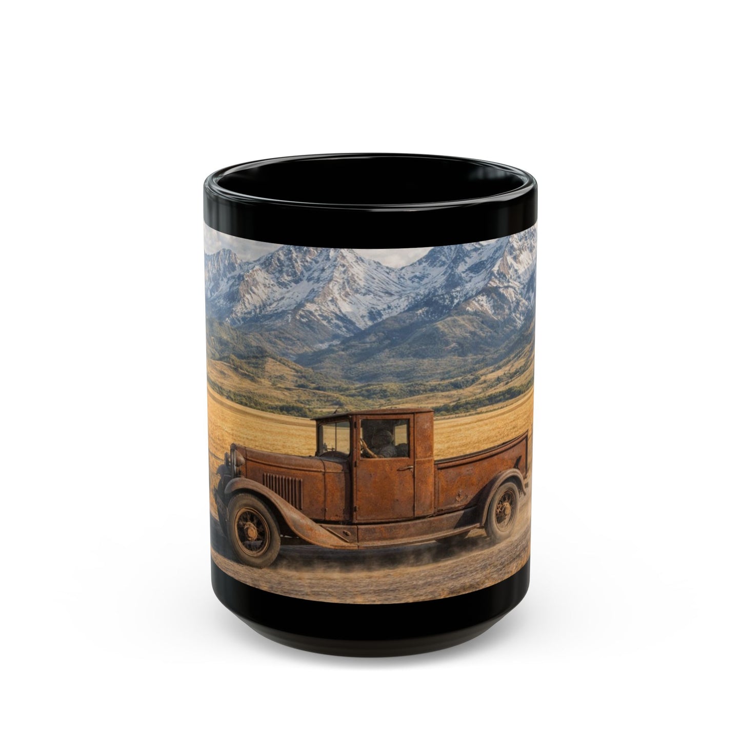 Vintage Pickup Truck Scenic Black Mug — Rustic Mountain Road Coffee Cup (15oz)