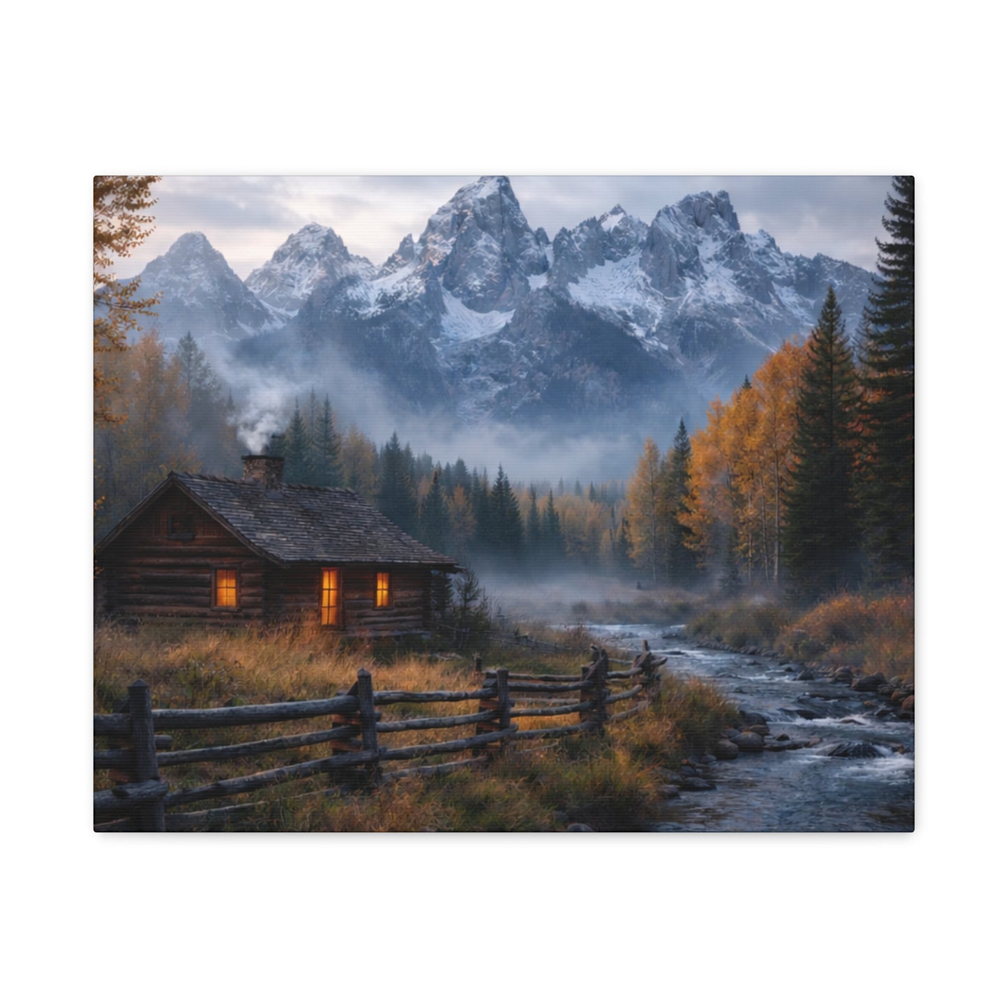 Mountain Cabin Canvas Print — Cozy Rustic Landscape Wall Art, Stretched Matte 1.25"