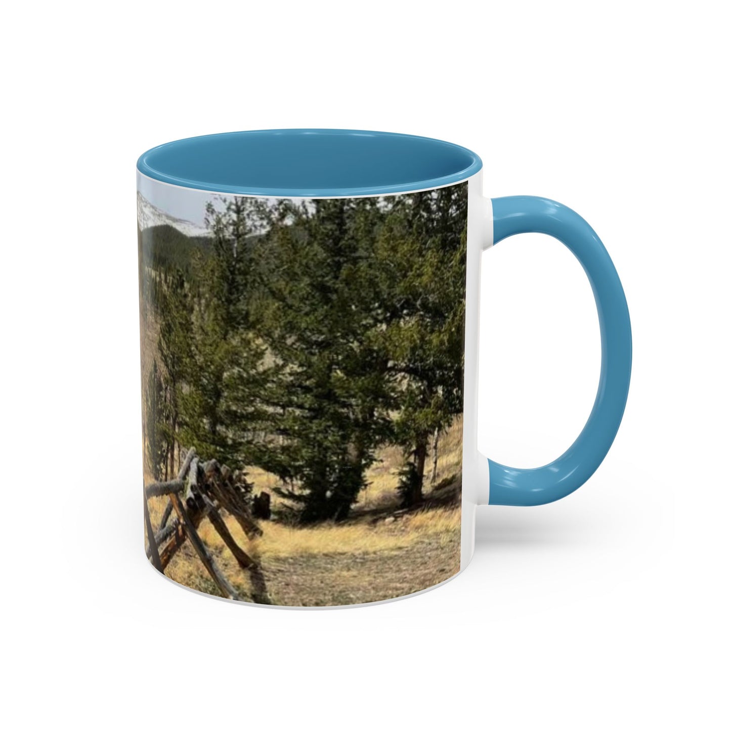 Empire Colorado Mountains Accent Coffee Mug — Scenic Pine Forest & Rustic Fence 11oz/15oz