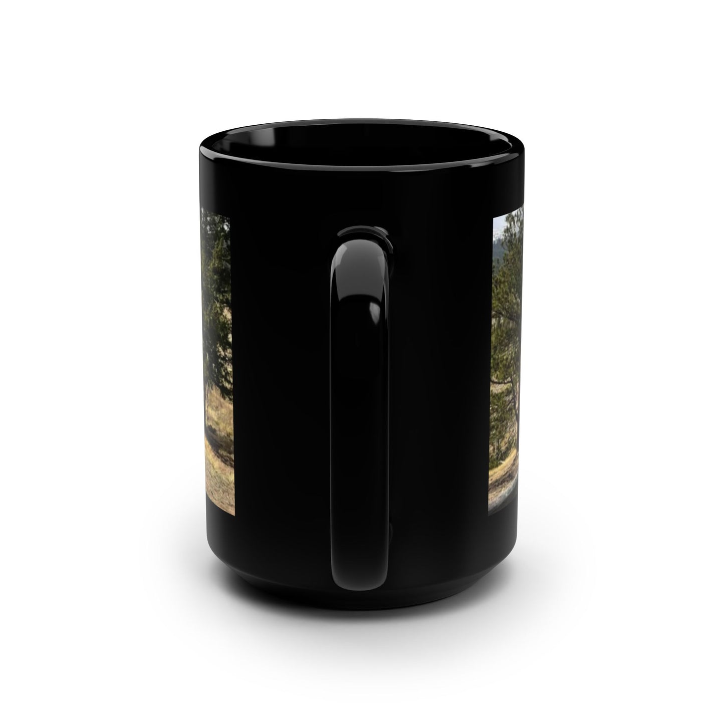 North Empire Colorado Photography  Black Coffee Mug — Scenic Fence & Pine Tree 15oz