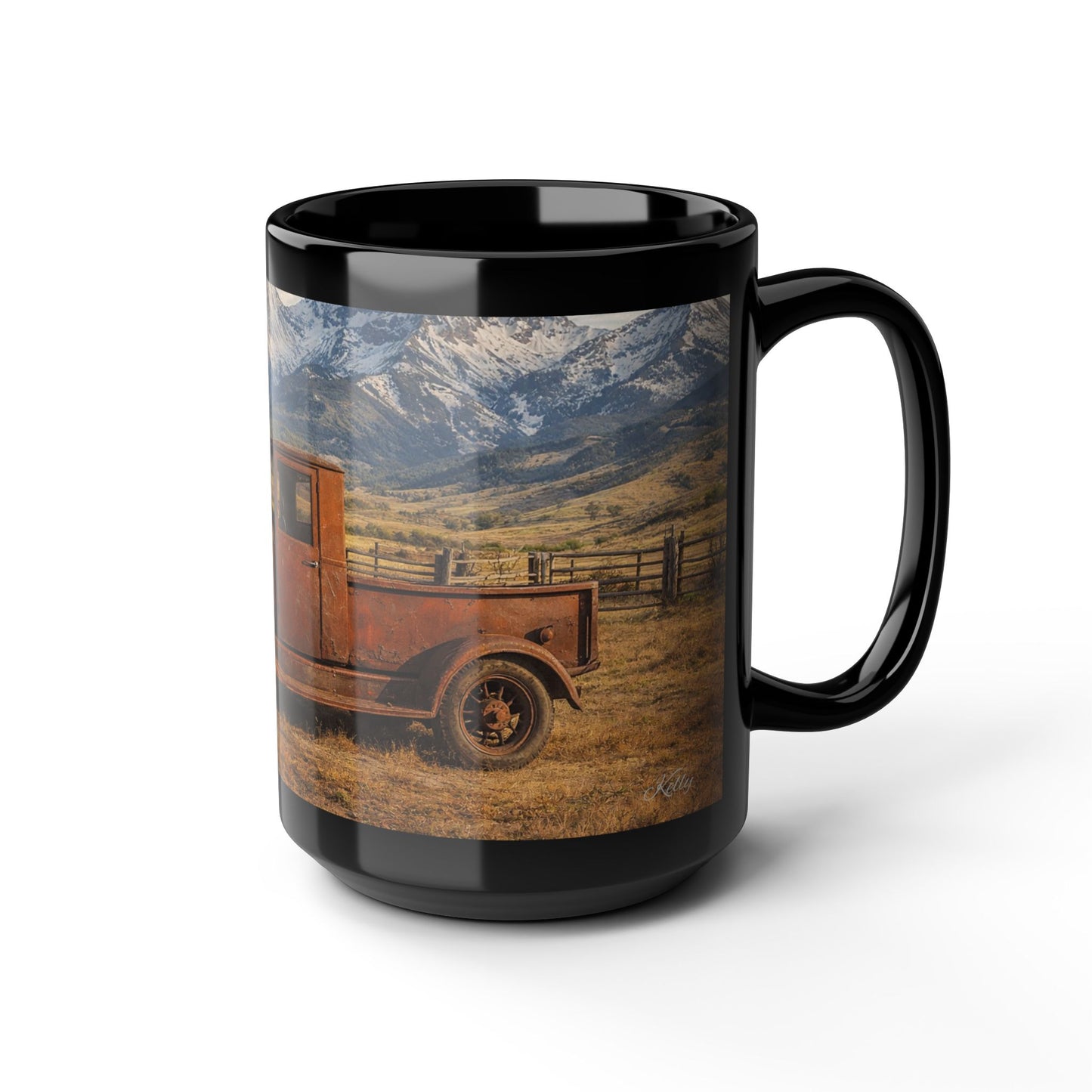 Vintage Truck Mountain Landscape Coffee Mug — Rustic Farmhouse Black Mug (15oz)