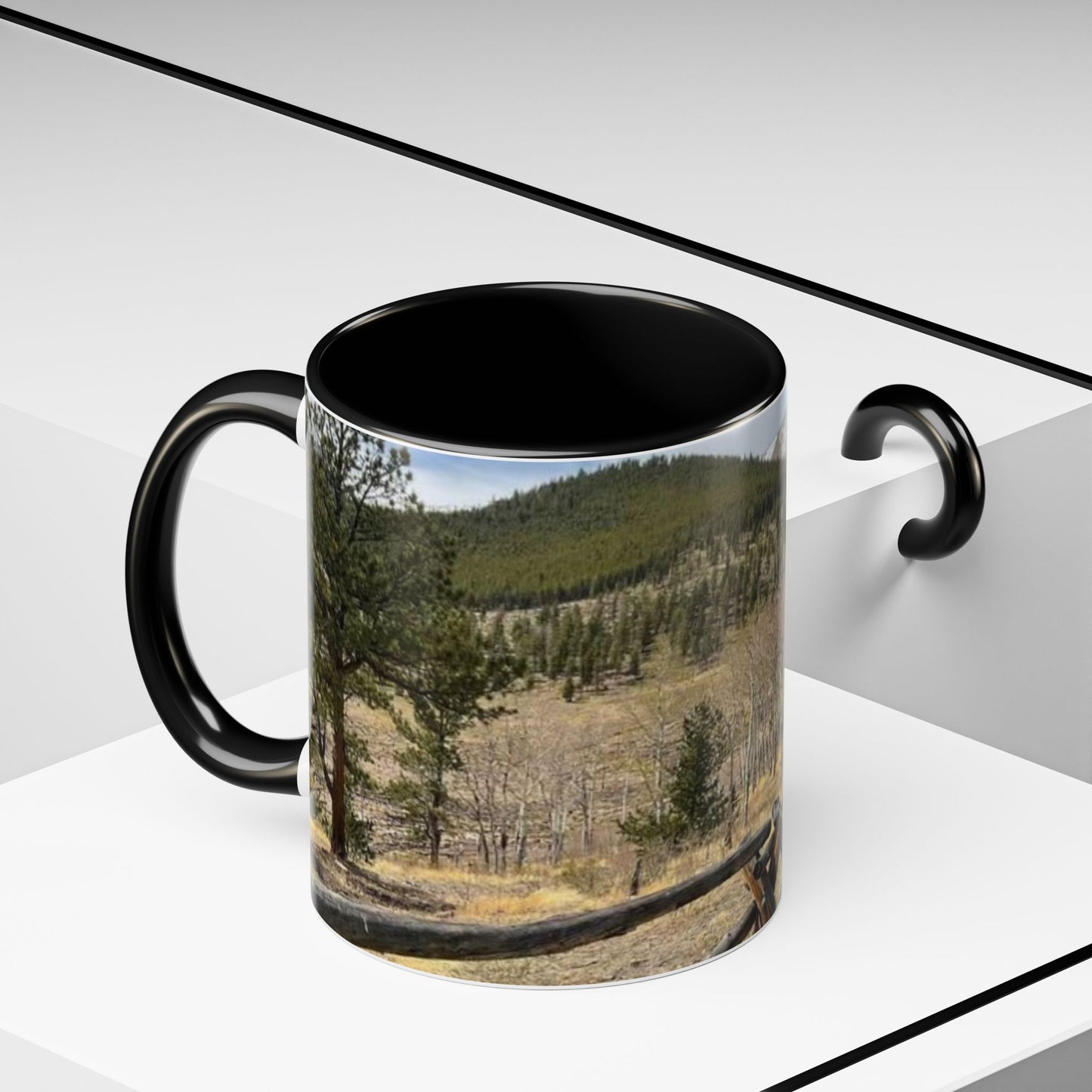 Empire Colorado Mountains Accent Coffee Mug — Scenic Pine Forest & Rustic Fence 11oz/15oz