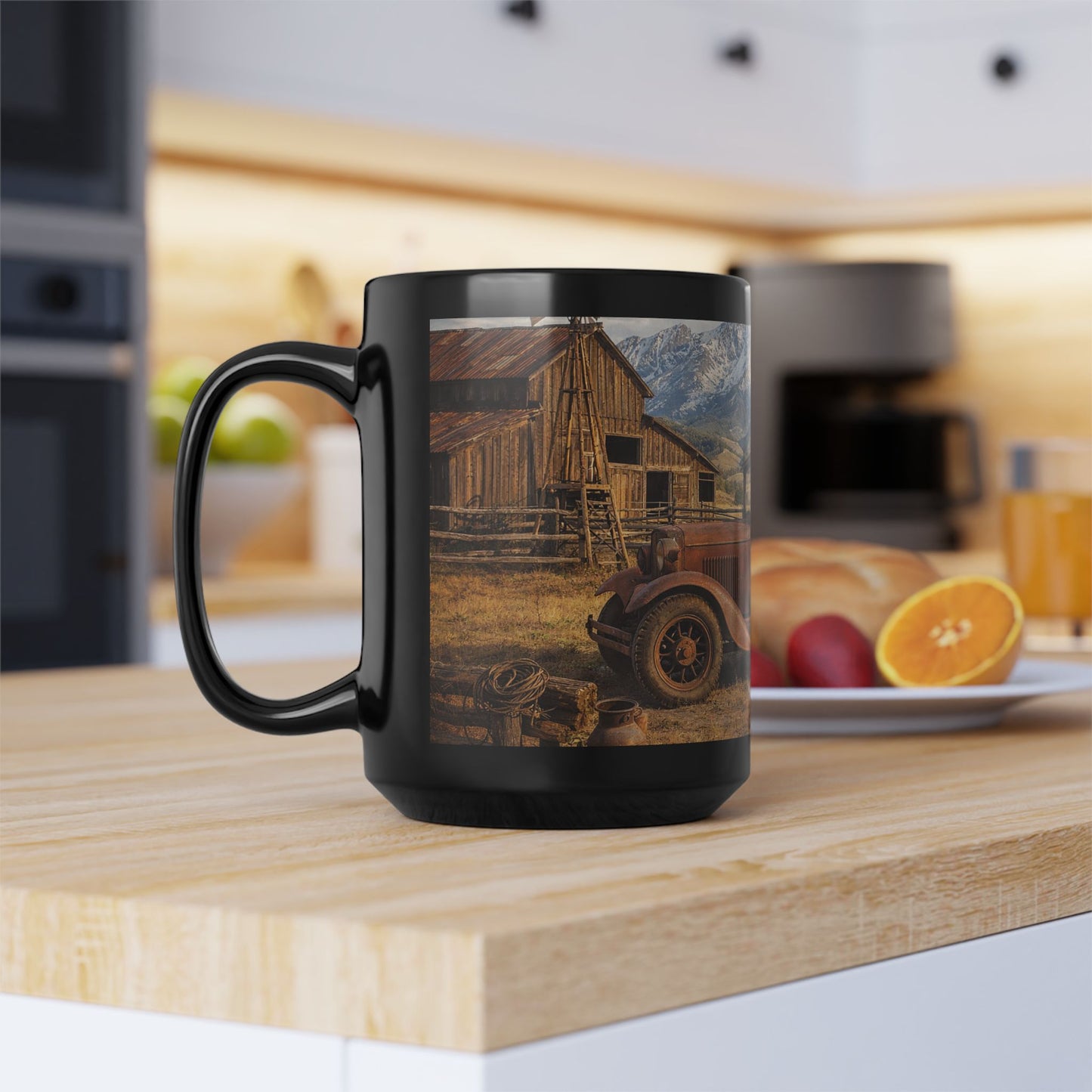 Vintage Truck Mountain Landscape Coffee Mug — Rustic Farmhouse Black Mug (15oz)