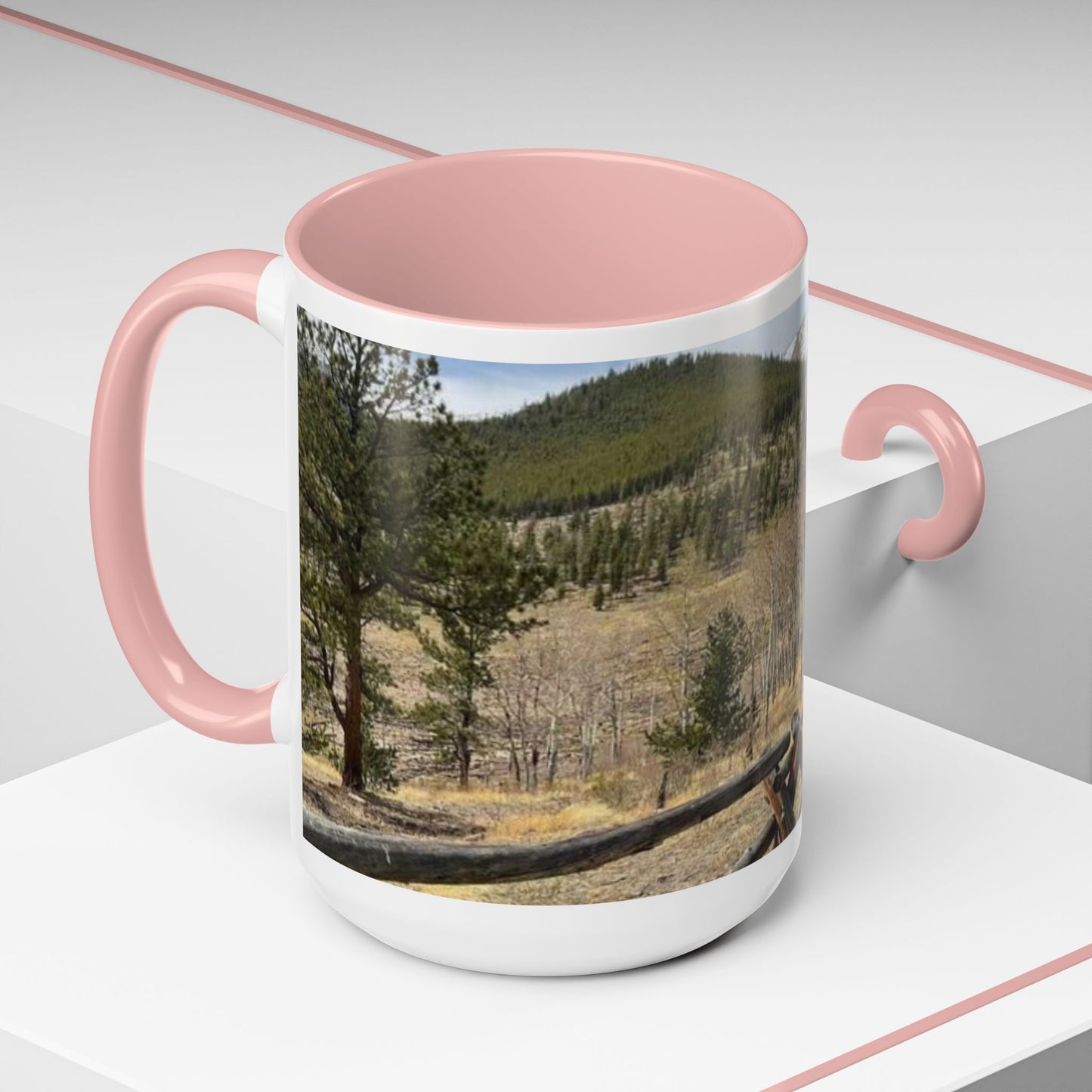 Empire Colorado Mountains Accent Coffee Mug — Scenic Pine Forest & Rustic Fence 11oz/15oz