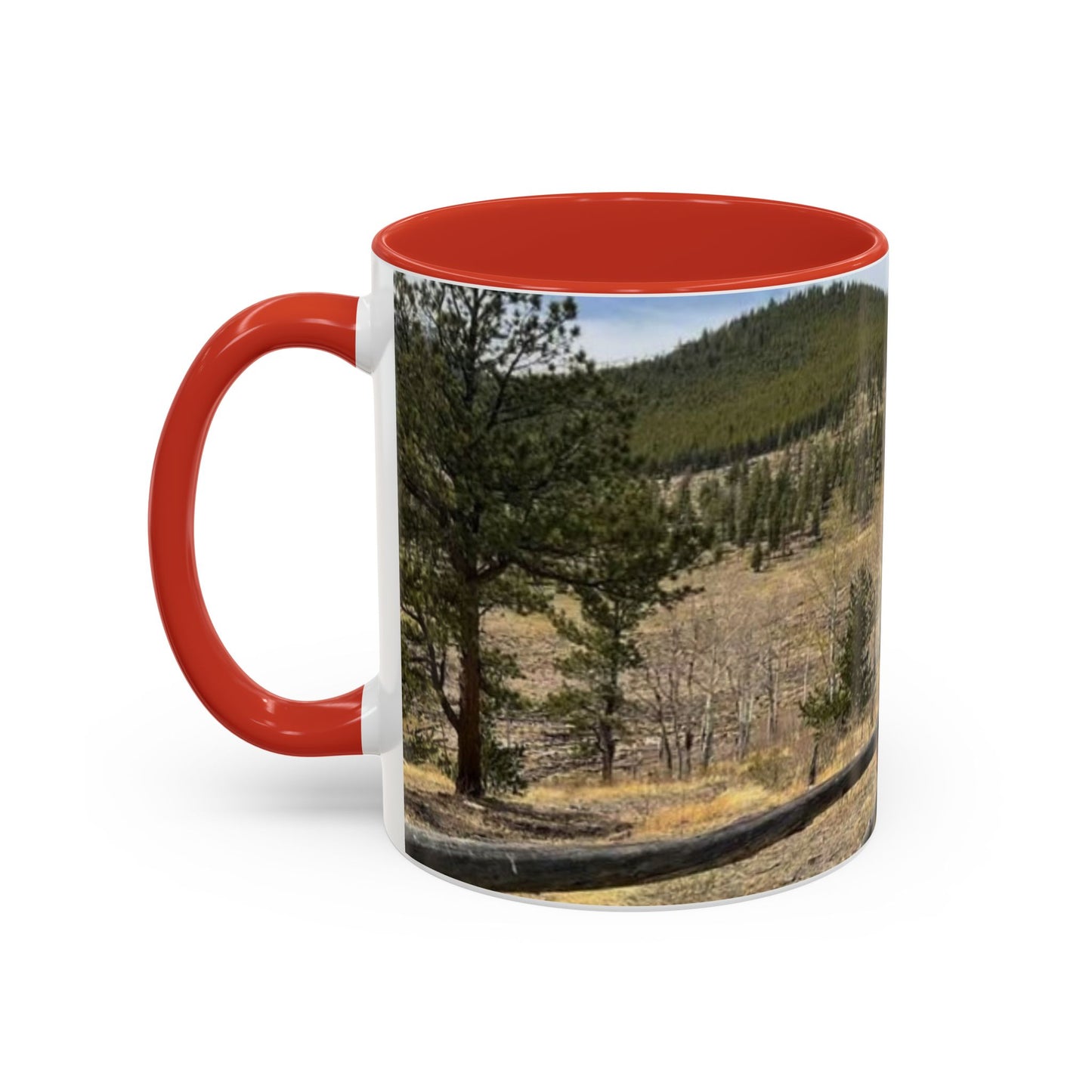 Empire Colorado Mountains Accent Coffee Mug — Scenic Pine Forest & Rustic Fence 11oz/15oz