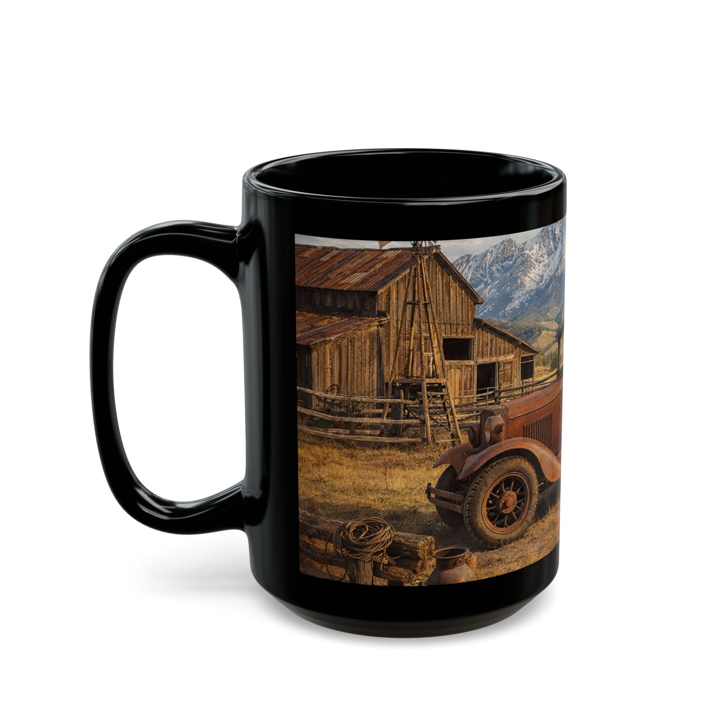 Vintage Truck Mountain Landscape Coffee Mug — Rustic Farmhouse Black Mug (15oz)