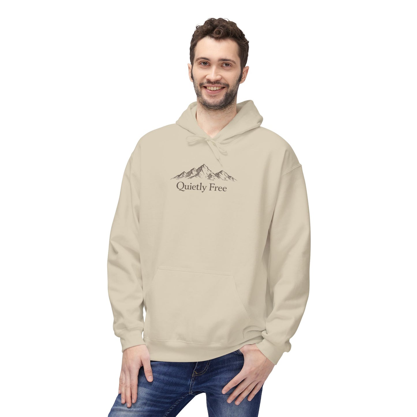 Quiet & Free Mountain Hoodie — Minimal Nature Graphic Pullover