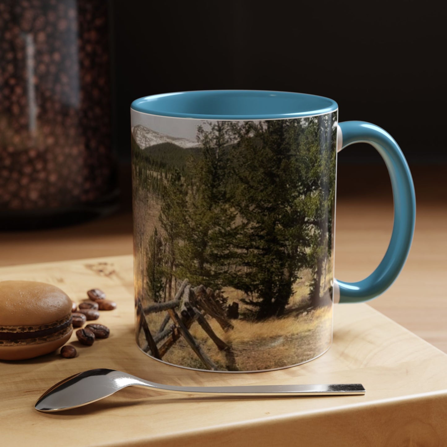 Empire Colorado Mountains Accent Coffee Mug — Scenic Pine Forest & Rustic Fence 11oz/15oz