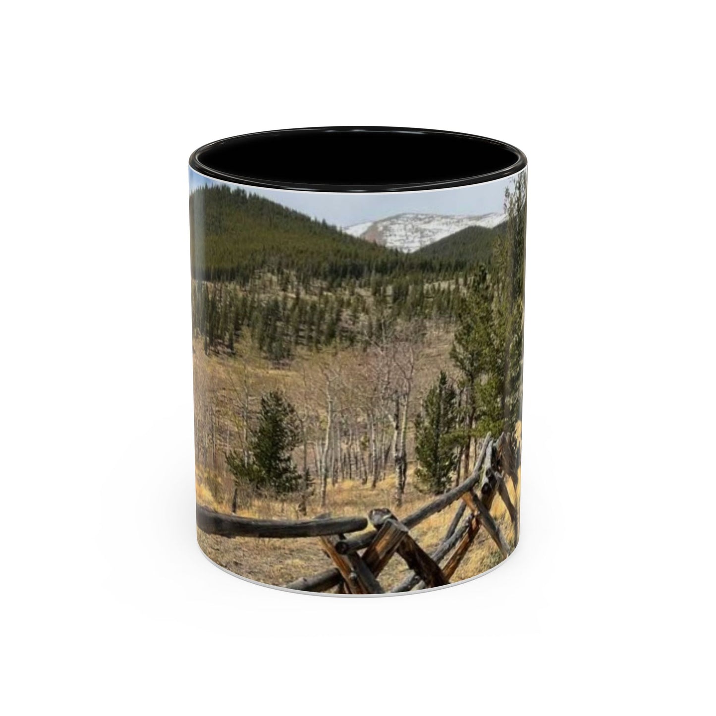 Empire Colorado Mountains Accent Coffee Mug — Scenic Pine Forest & Rustic Fence 11oz/15oz