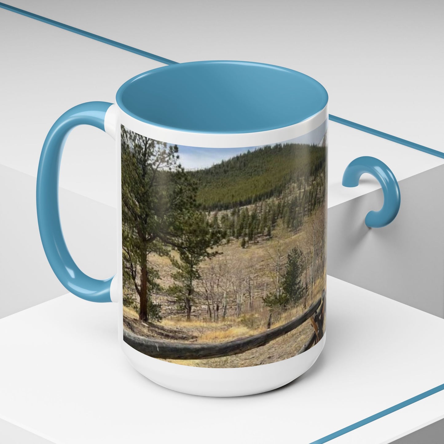 Empire Colorado Mountains Accent Coffee Mug — Scenic Pine Forest & Rustic Fence 11oz/15oz