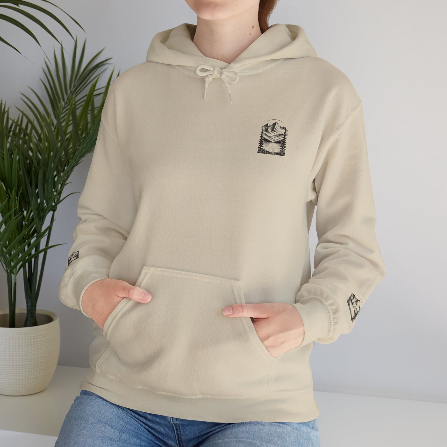 Minimalist 'Mountain Scene Sketch' Hoodie — Small Chest & Sleeve Sketch Print