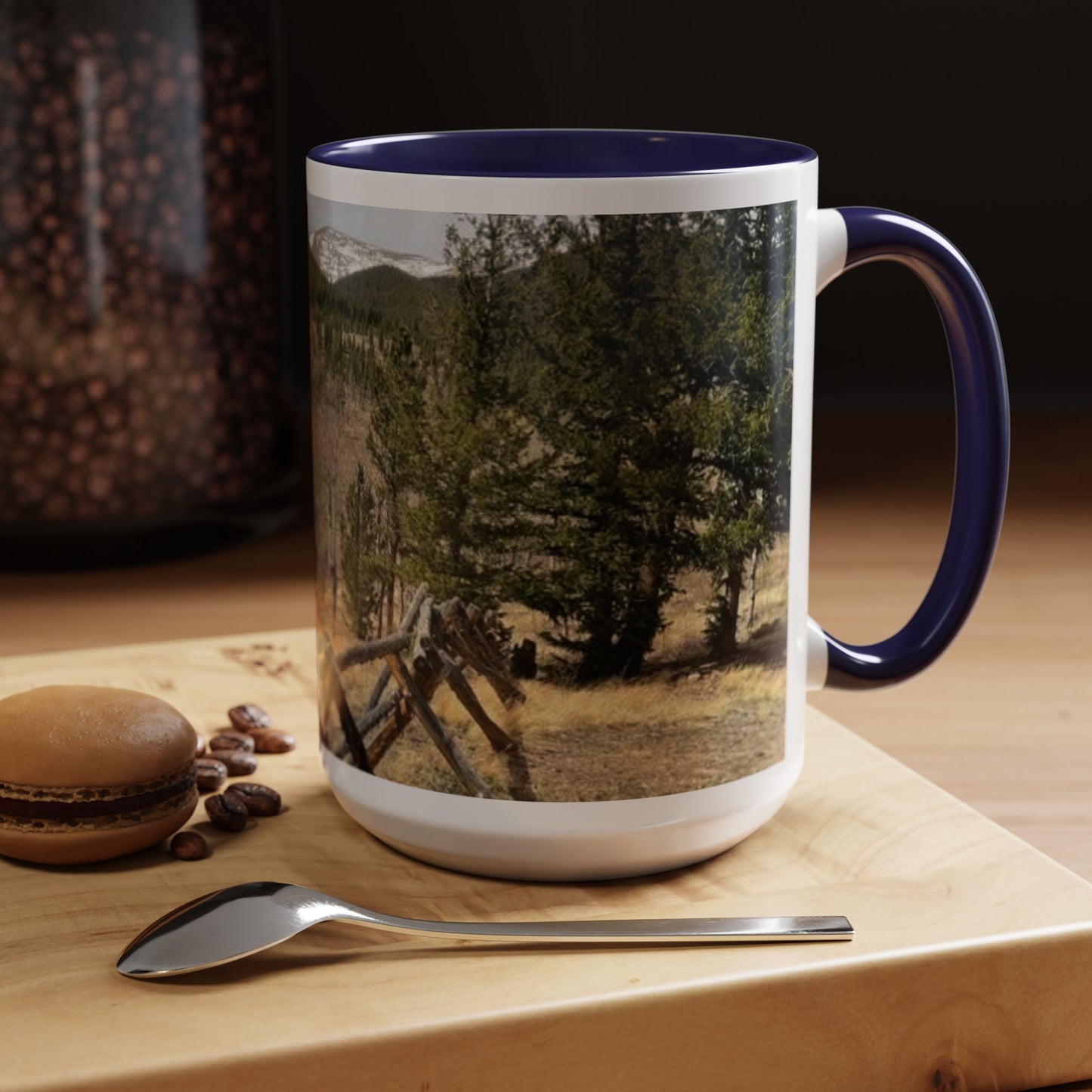 Empire Colorado Mountains Accent Coffee Mug — Scenic Pine Forest & Rustic Fence 11oz/15oz