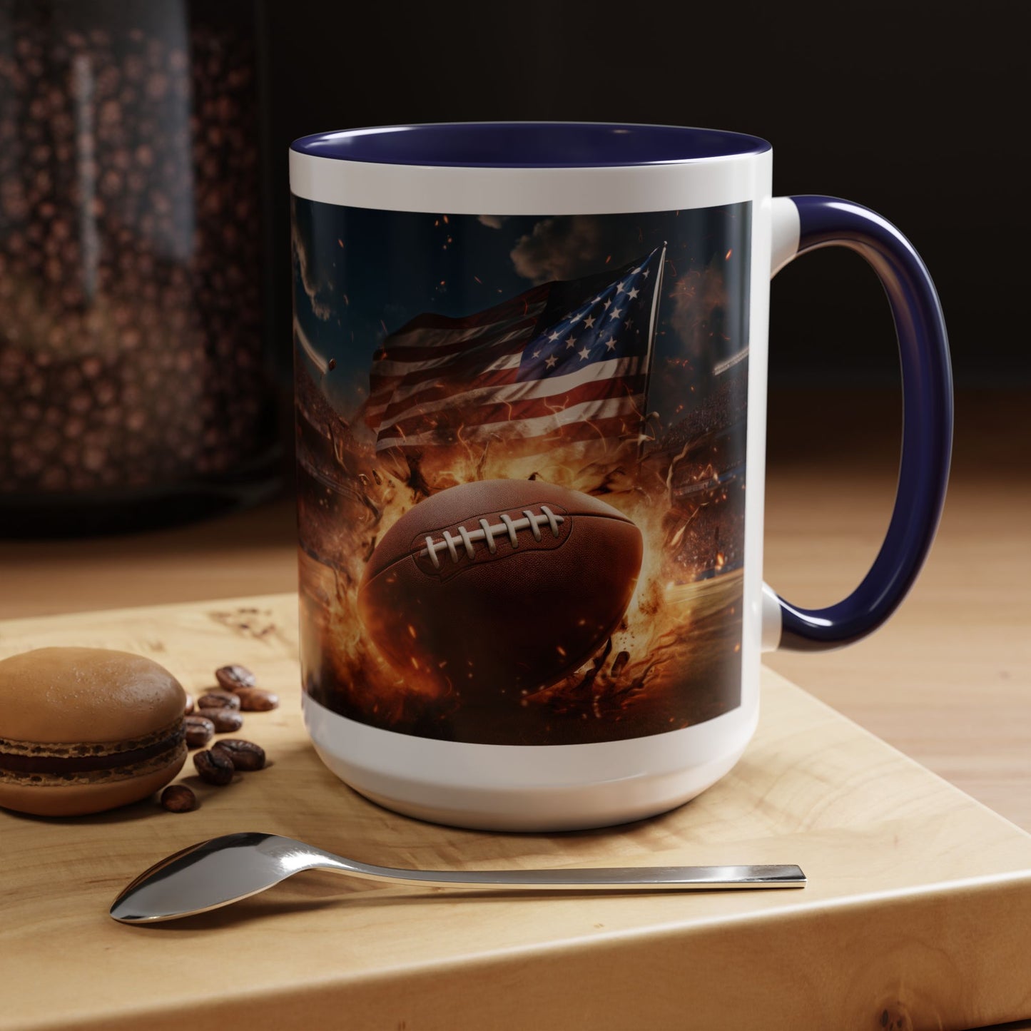 American Football Coffee Mug – Patriotic Flag & Fiery Football Accent Mug (15oz)