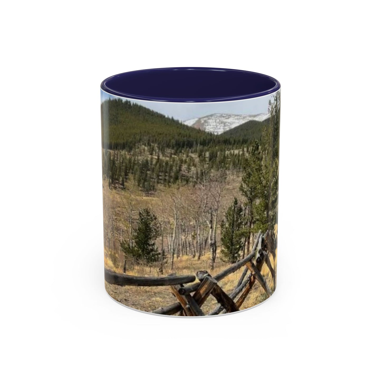 Empire Colorado Mountains Accent Coffee Mug — Scenic Pine Forest & Rustic Fence 11oz/15oz