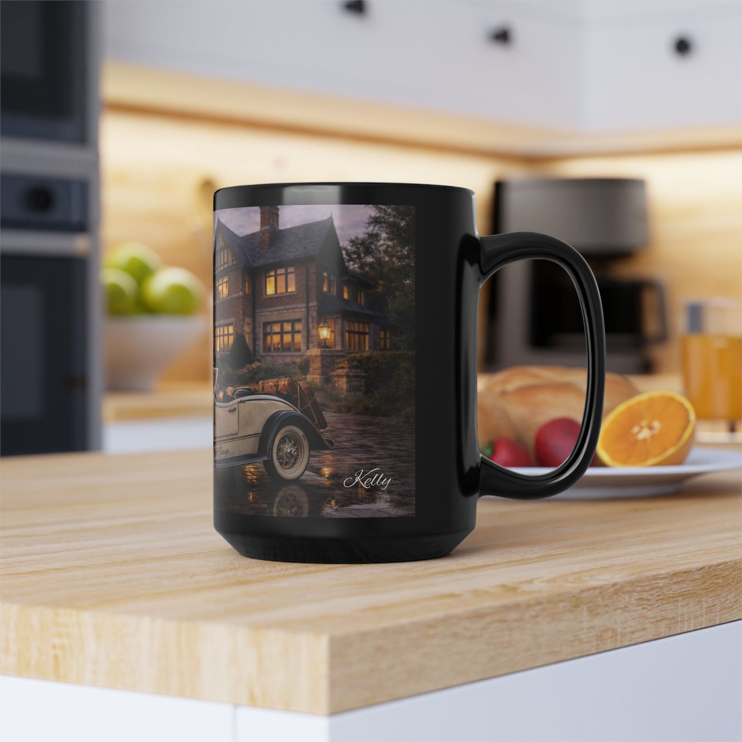 Vintage Convertible Car Scene 15oz Black Mug — Classic Car & Cozy Mansion Coffee Cup