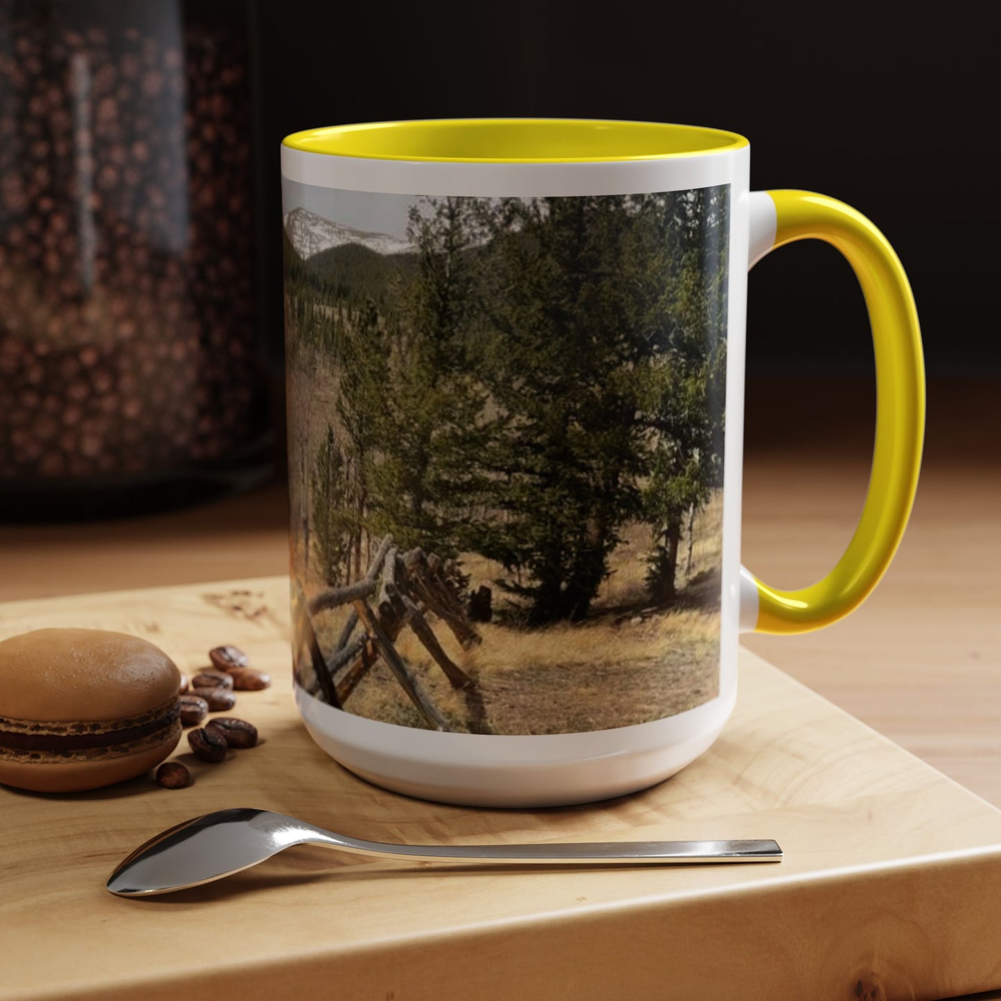 Empire Colorado Mountains Accent Coffee Mug — Scenic Pine Forest & Rustic Fence 11oz/15oz