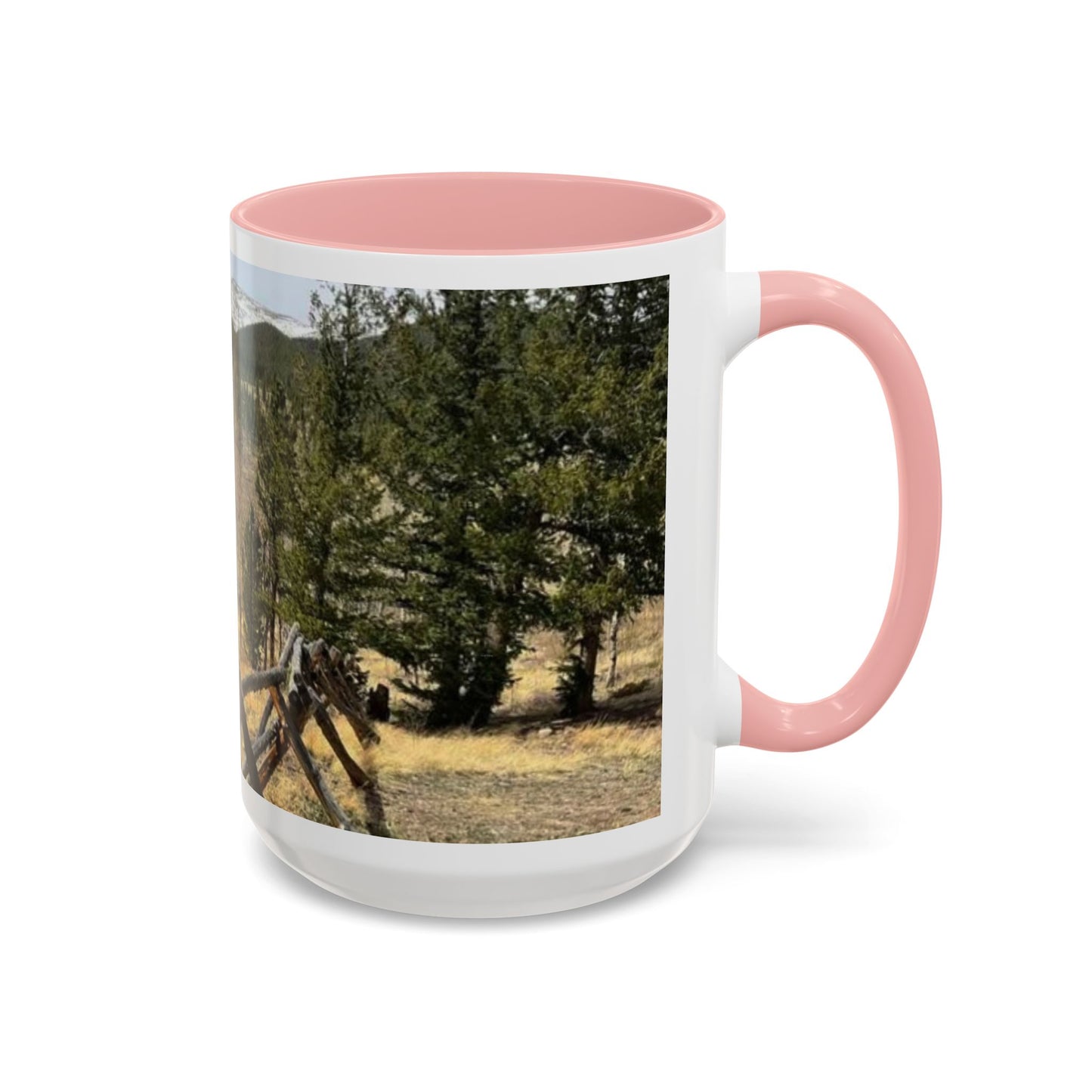 Empire Colorado Mountains Accent Coffee Mug — Scenic Pine Forest & Rustic Fence 11oz/15oz