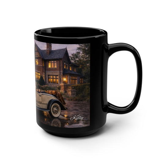Vintage Convertible Car Scene 15oz Black Mug — Classic Car & Cozy Mansion Coffee Cup