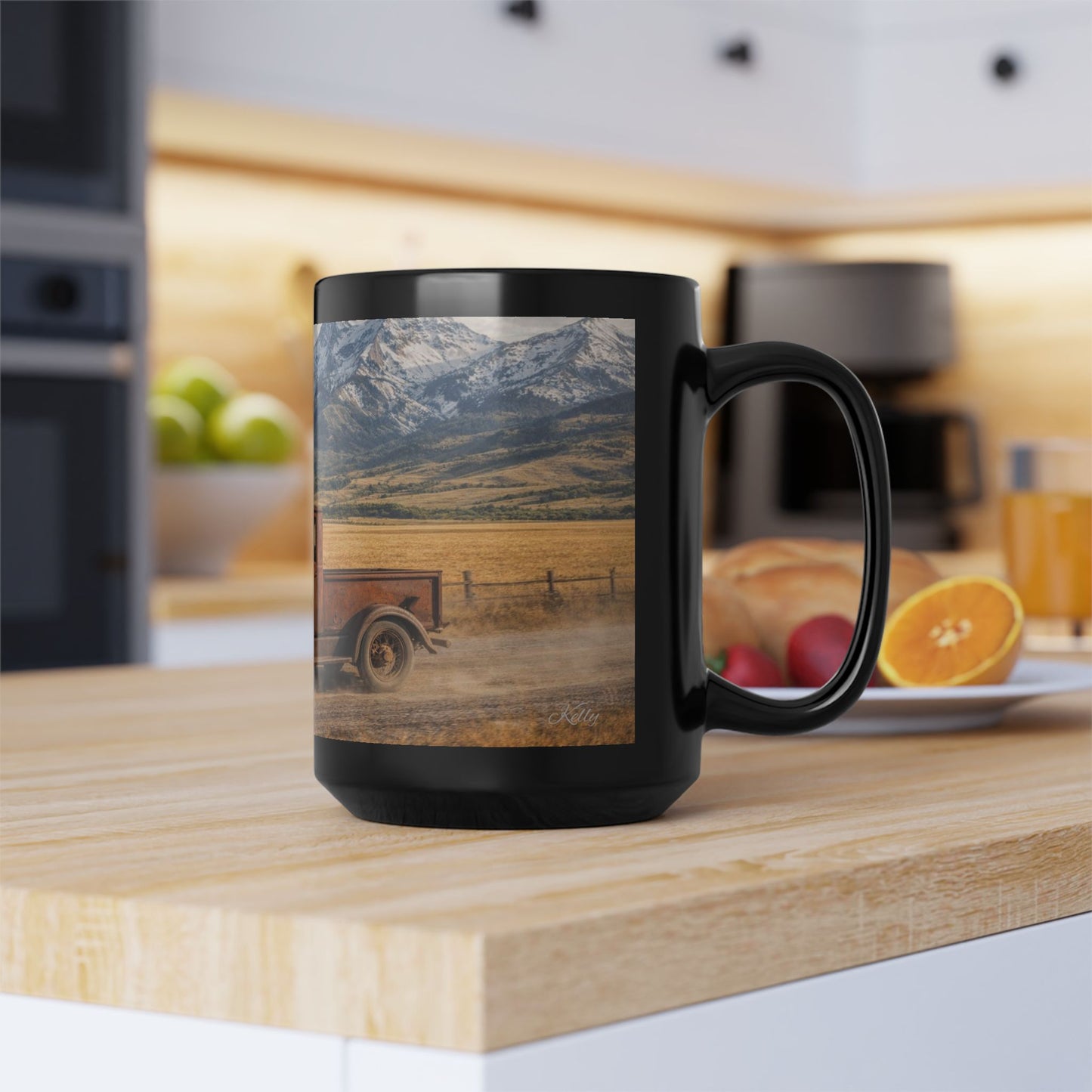 Vintage Pickup Truck Scenic Black Mug — Rustic Mountain Road Coffee Cup (15oz)