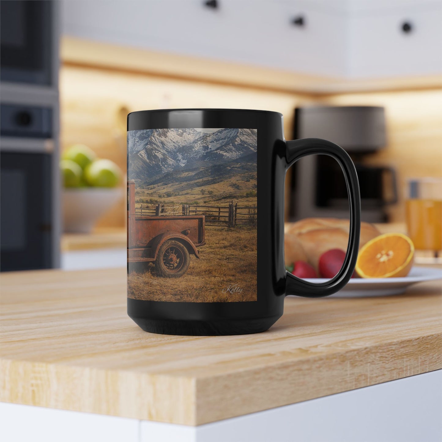 Vintage Truck Mountain Landscape Coffee Mug — Rustic Farmhouse Black Mug (15oz)
