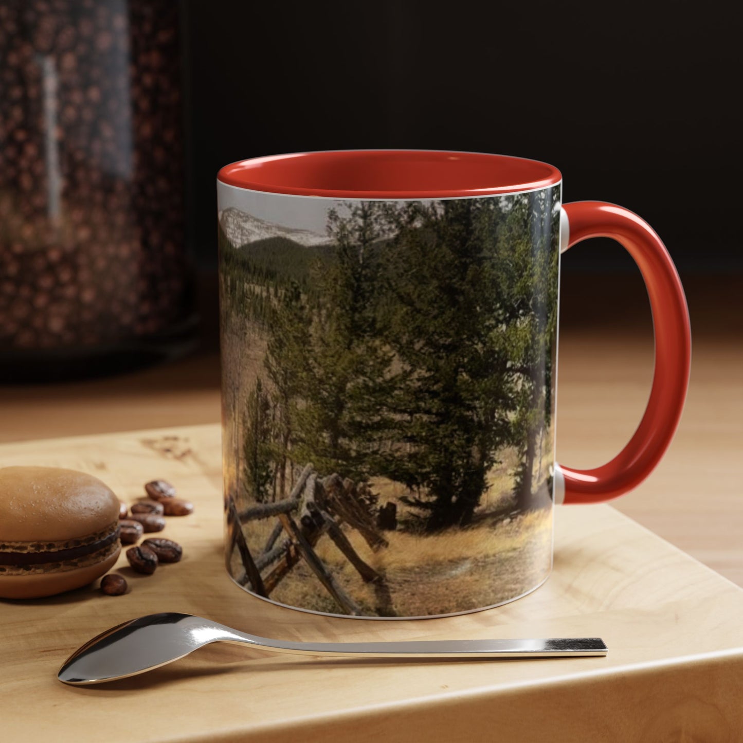Empire Colorado Mountains Accent Coffee Mug — Scenic Pine Forest & Rustic Fence 11oz/15oz