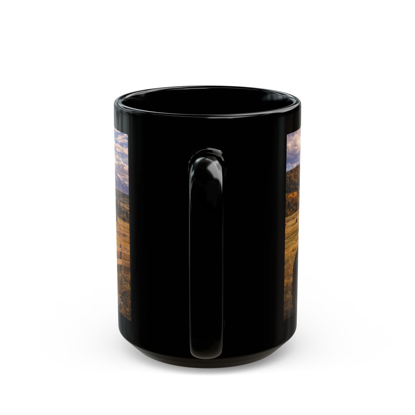 Rustic Mountain Farm Scene Coffee Mug — Vintage Tractor & Farm House Black Ceramic Mug (15oz)