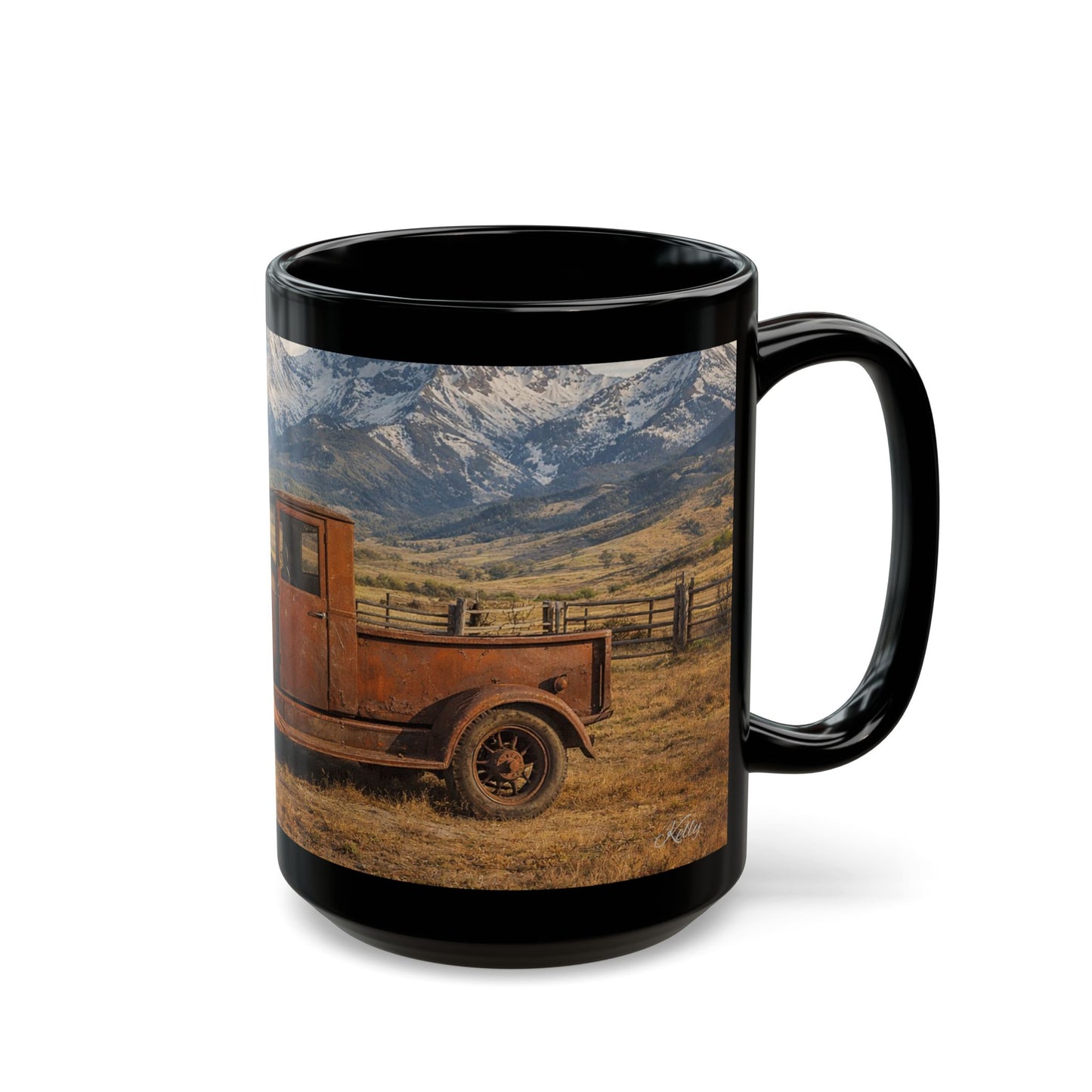 Vintage Truck Mountain Landscape Coffee Mug — Rustic Farmhouse Black Mug (15oz)
