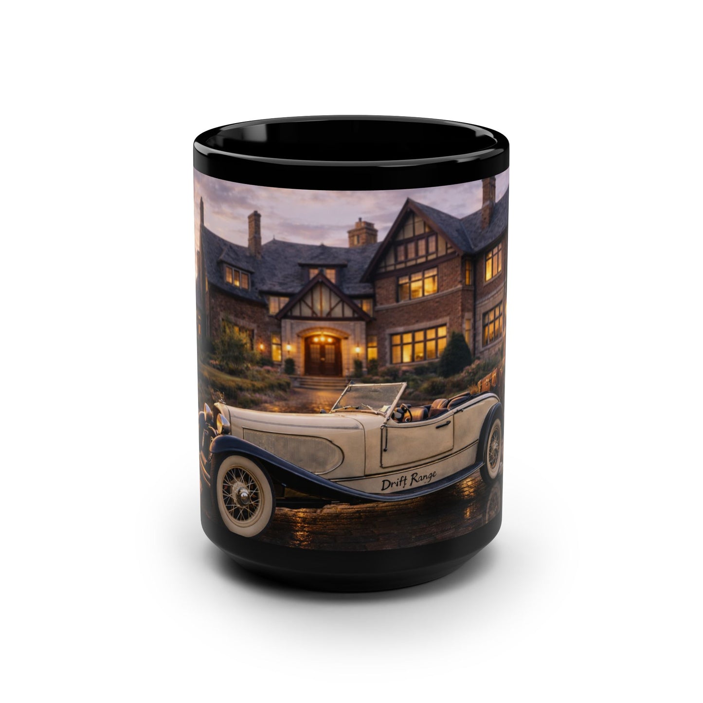 Vintage Convertible Car Scene 15oz Black Mug — Classic Car & Cozy Mansion Coffee Cup