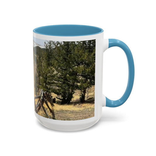 Empire Colorado Mountains Accent Coffee Mug — Scenic Pine Forest & Rustic Fence 11oz/15oz