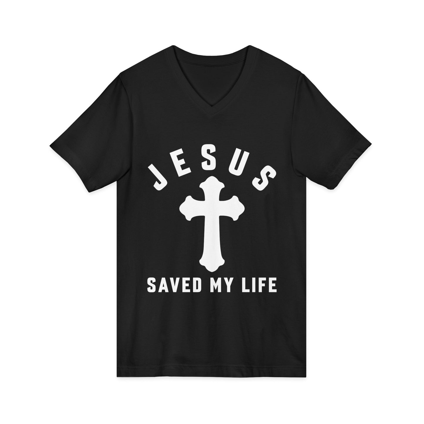 Christian V‑Neck Tee — "Jesus Saved My Life" Cross Faith T‑Shirt