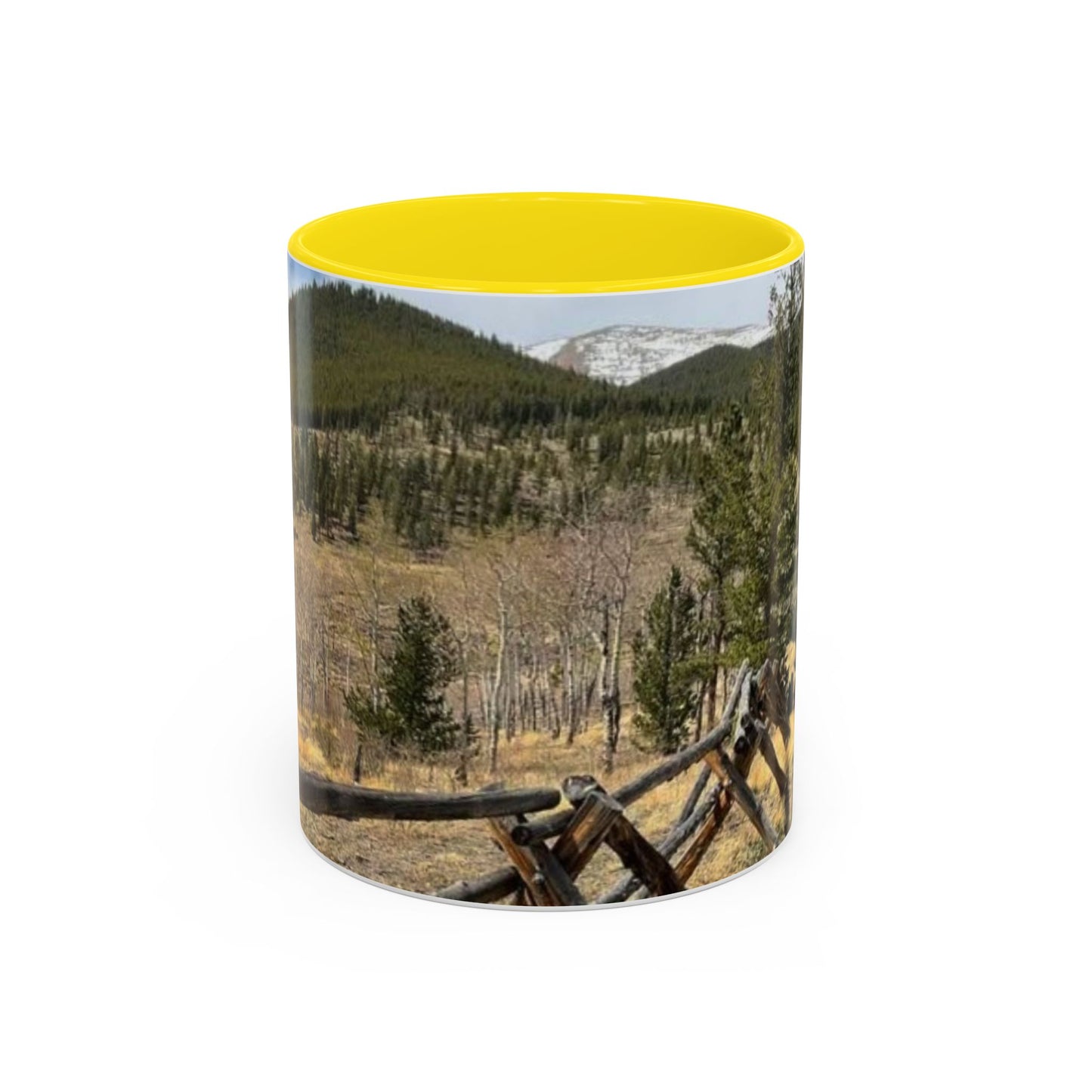 Empire Colorado Mountains Accent Coffee Mug — Scenic Pine Forest & Rustic Fence 11oz/15oz