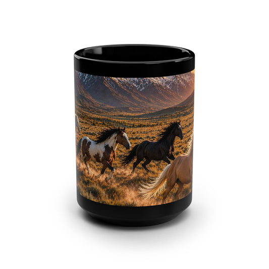 Wild Horses Scenic Black 15oz Mug — Sunset Mountain Ranch Coffee Cup