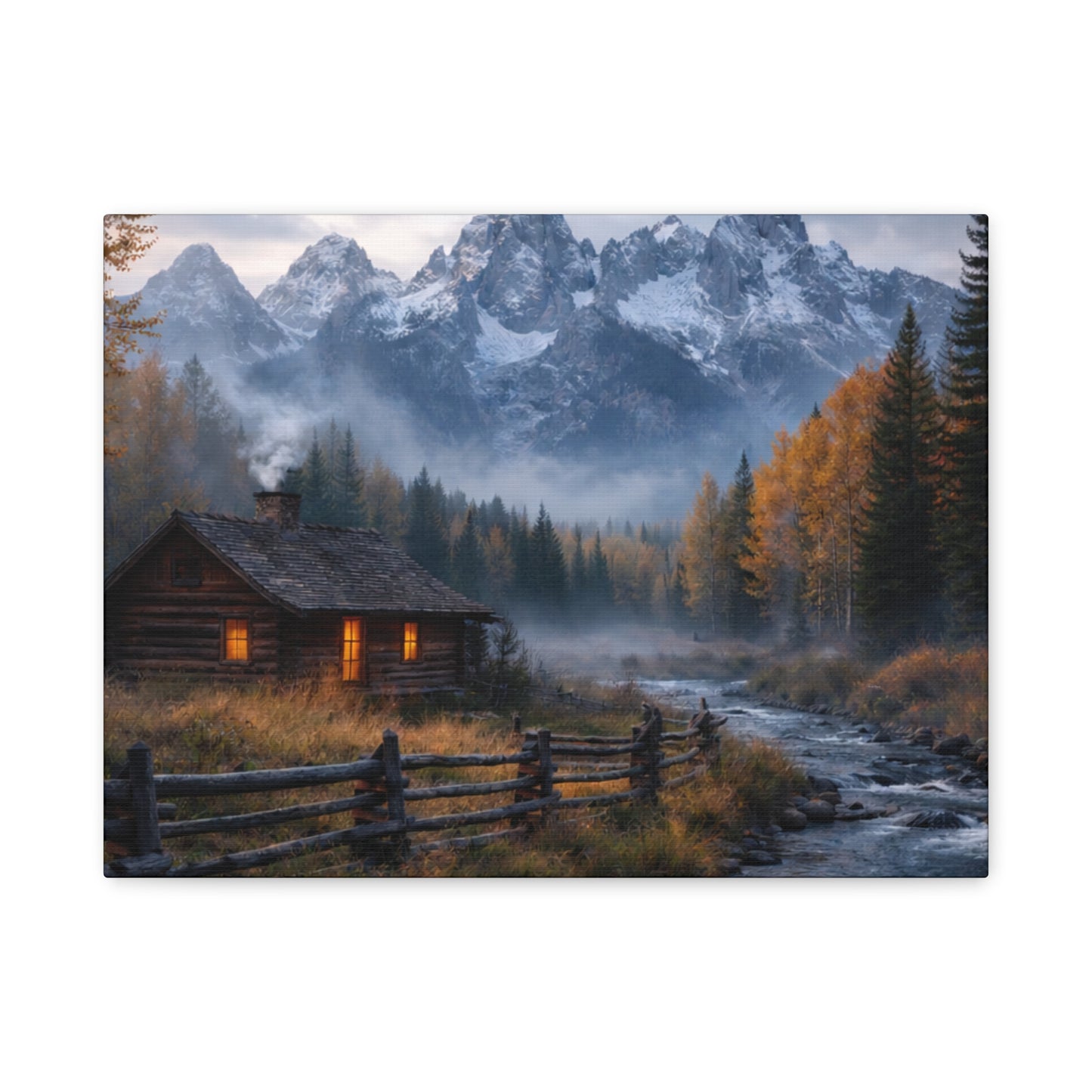 Mountain Cabin Canvas Print — Cozy Rustic Landscape Wall Art, Stretched Matte 1.25"