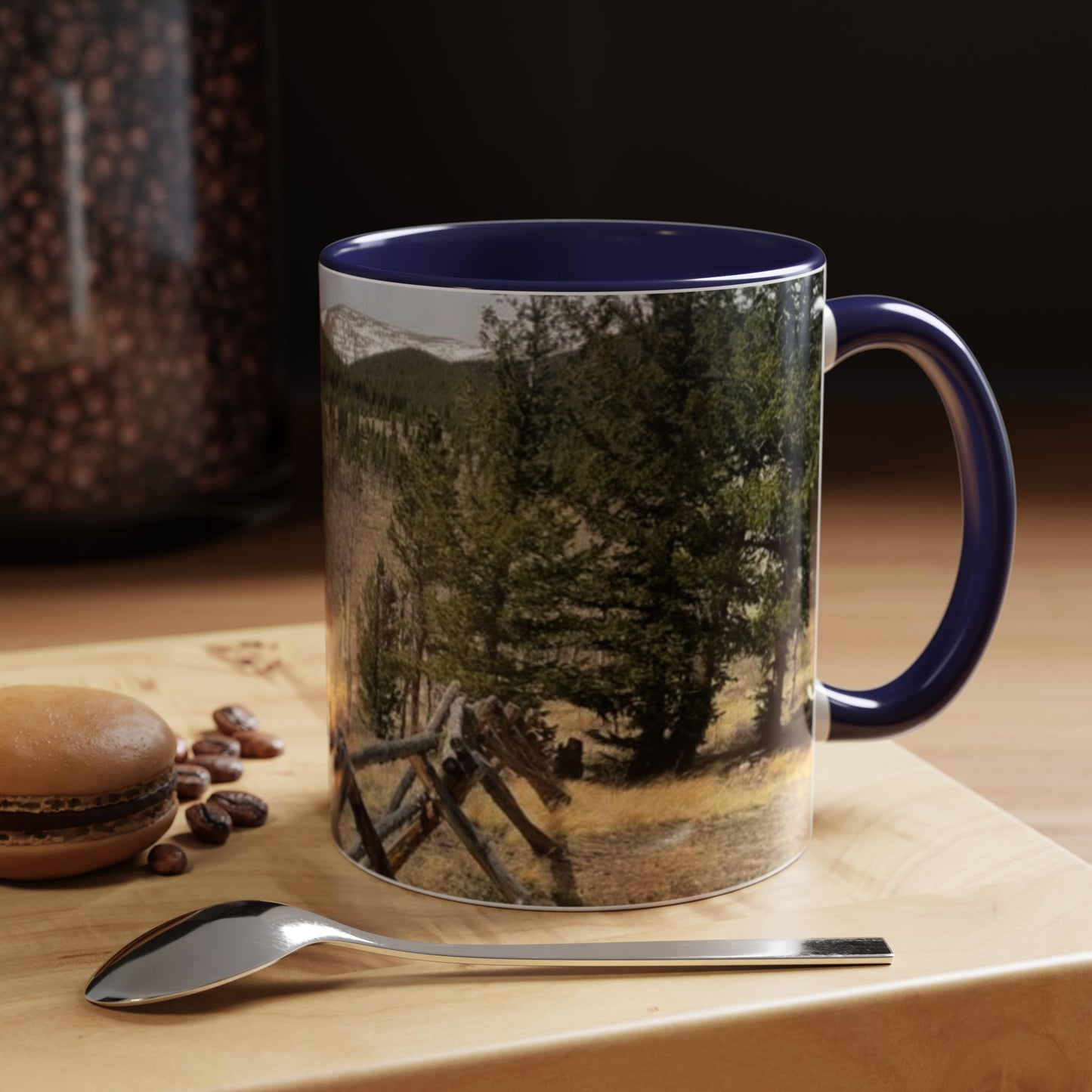 Empire Colorado Mountains Accent Coffee Mug — Scenic Pine Forest & Rustic Fence 11oz/15oz