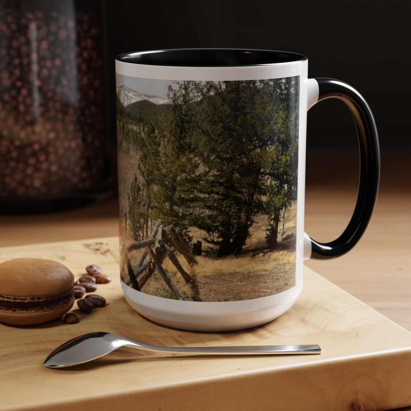 Empire Colorado Mountains Accent Coffee Mug — Scenic Pine Forest & Rustic Fence 11oz/15oz
